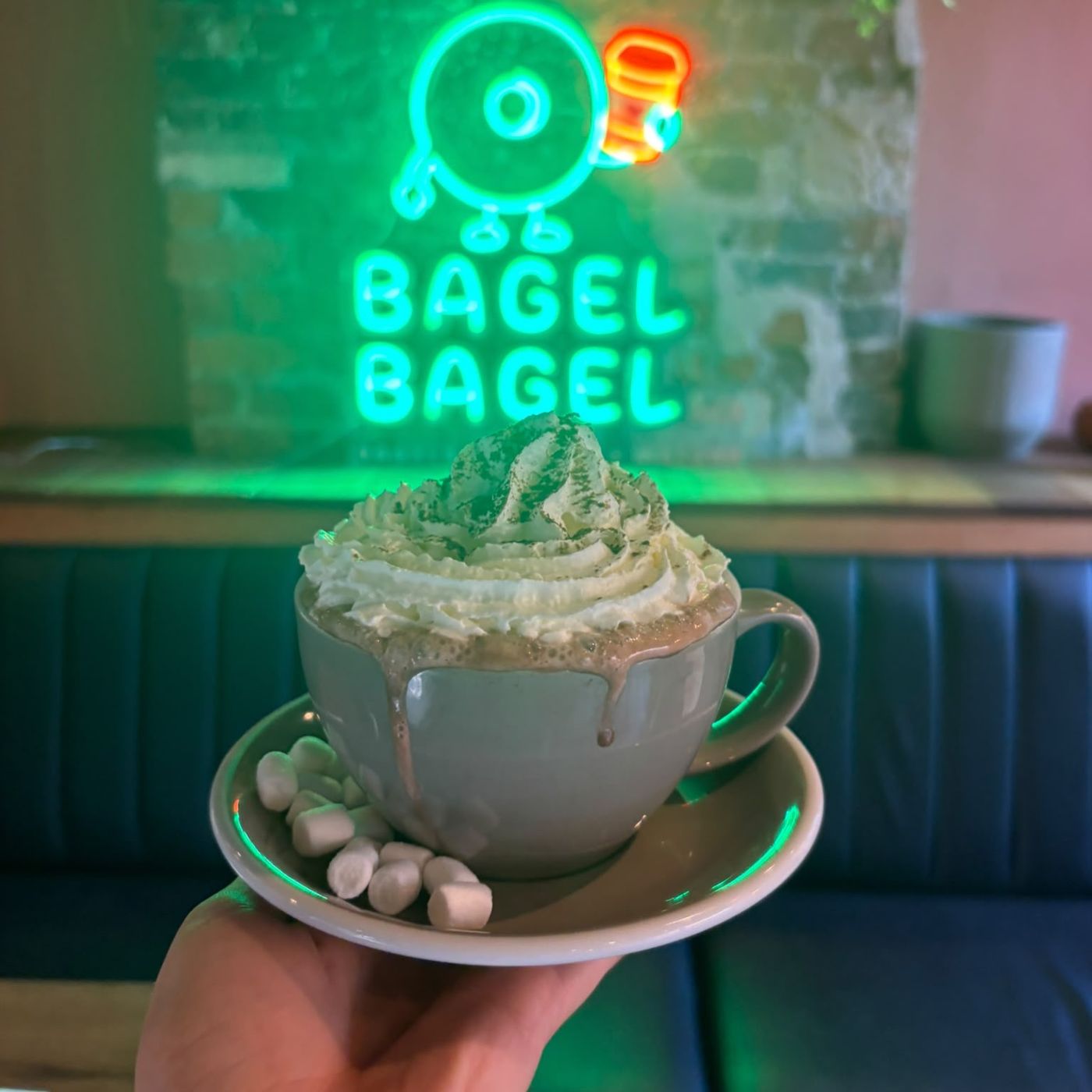 A maple syrup matcha in the Bagel Bagel booth